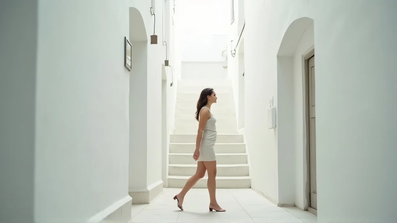 A woman walks alongside staircases of a white building in an urban setting.