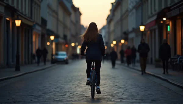 Woman Walking Bicycle Cobblestone Street Dusk