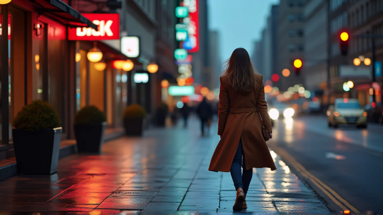 A woman in a long coat walks along a city sidewalk at dusk, with neon signs reflected on the wet pavement.