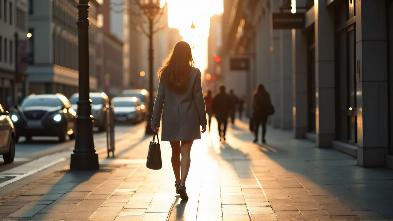 A woman walks on a city sidewalk carrying a tote bag, reflections visible on the wet pavement.