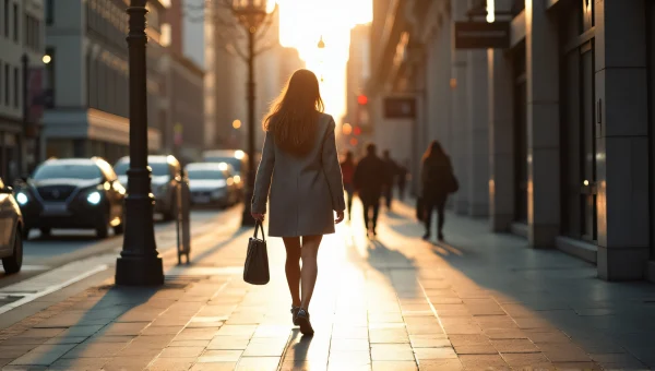 Woman Walking on City Sidewalk with Tote Bag
