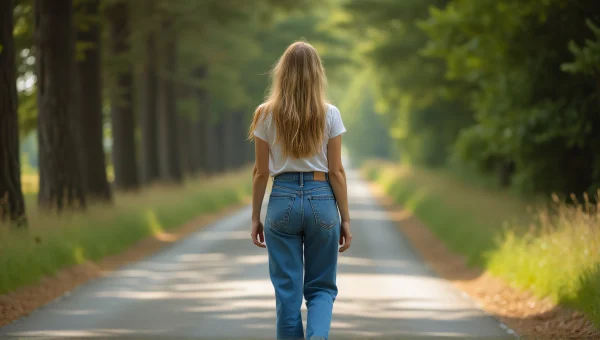 Woman Walking on Country Road in Denim Pants