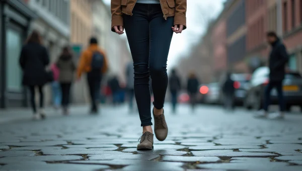 Woman Walking on Cracked City Pavement Mid-Stride