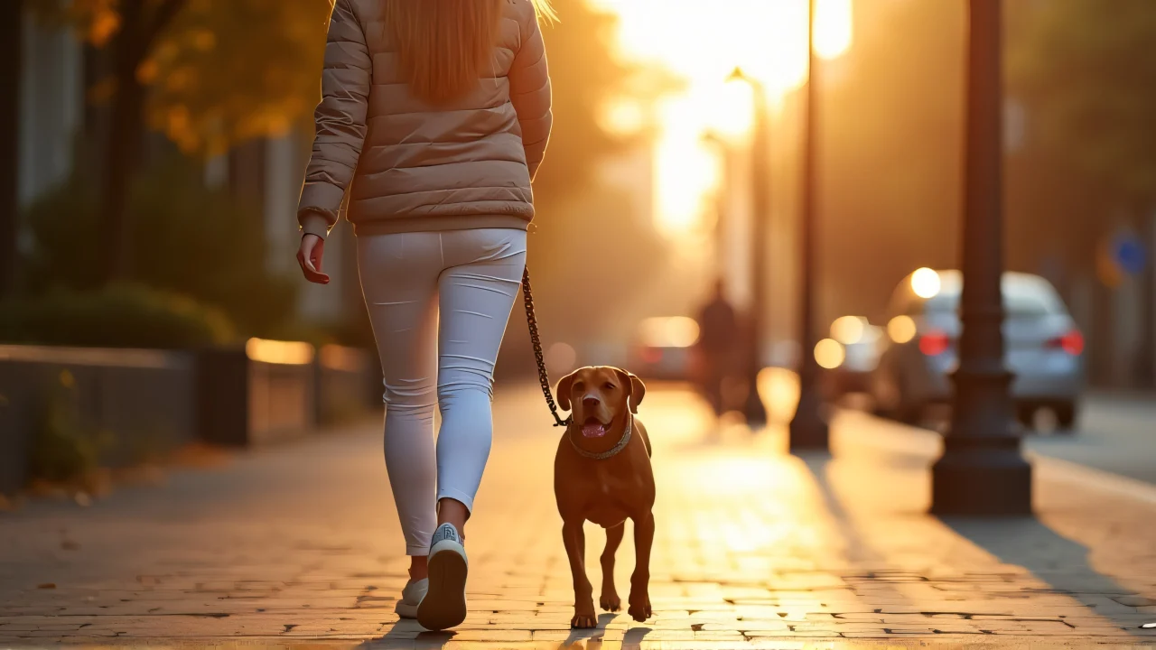 A woman in white pants walks a brown dog along a city sidewalk during golden hour.