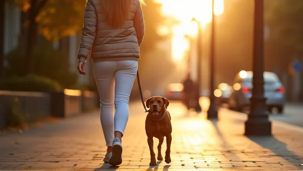 Woman Walking Dog On City Sidewalk Golden Hour