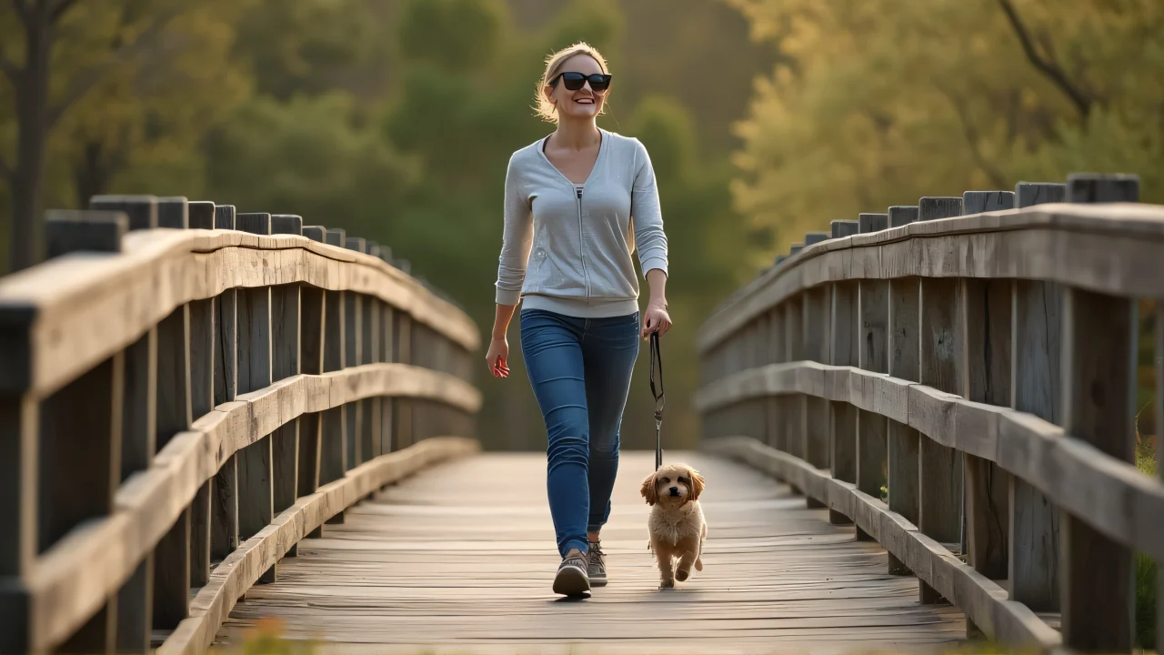 A woman confidently walks her dog on a rustic wooden bridge.