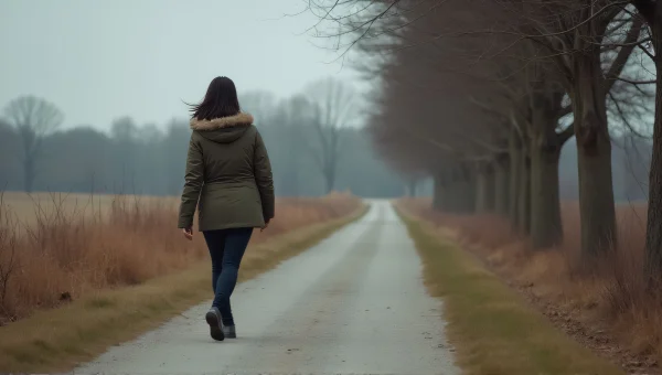 Woman Walking on Footpath Beside Leafless Trees
