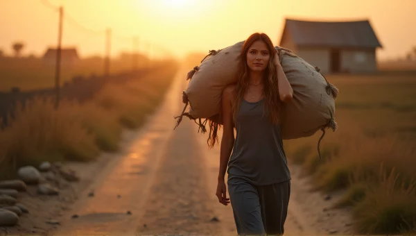 Woman Walking with Heavy Sack at Sunset