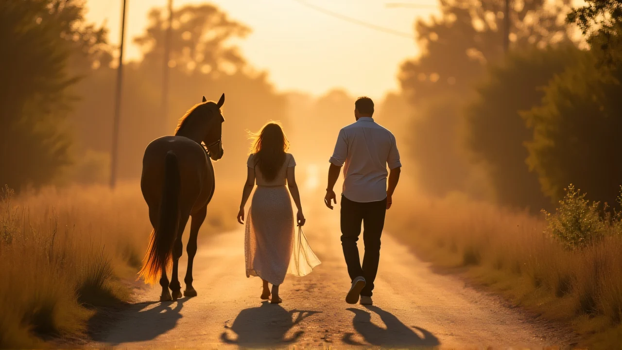 A woman walks alongside a horse and man on a dusty lane at sunset.