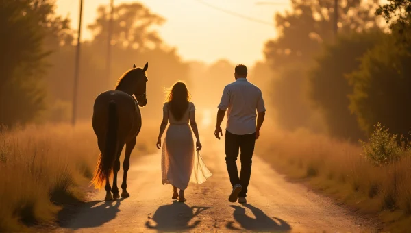 Woman Walking with Horse and Man on Dusty Lane