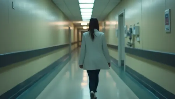 Woman Walking in Hospital Hallway with Fluorescent Lights