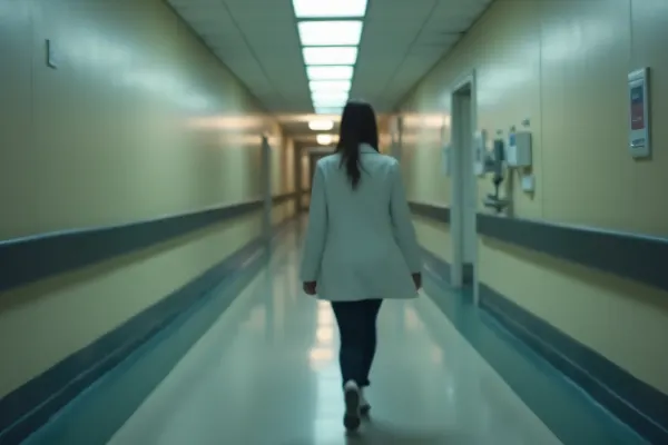 Woman Walking in Hospital Hallway with Fluorescent Lights
