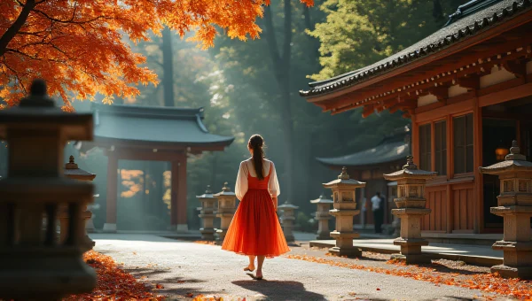 Woman Walking Path Shinto Shrine Maple Leaves