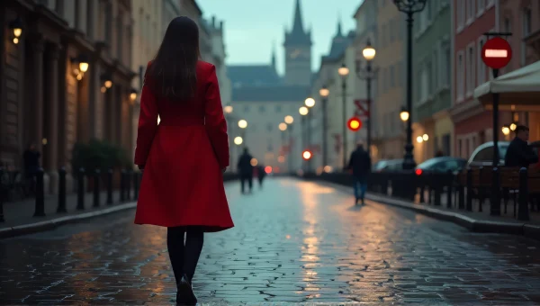 Woman Walking Red Coat Rainy Cobblestone Street