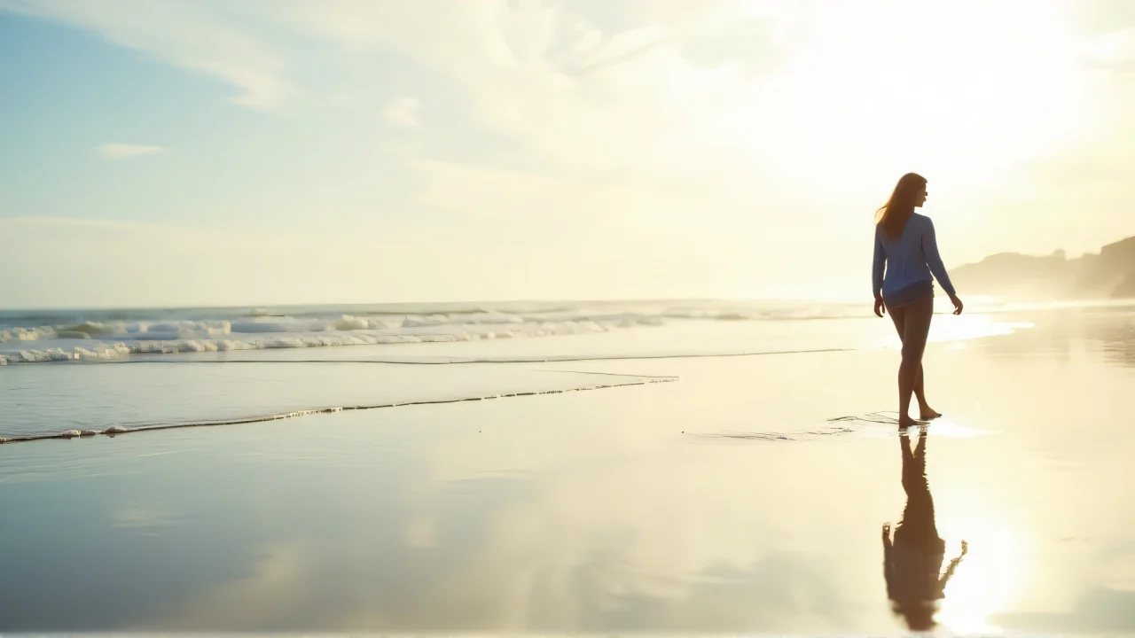 A woman strolls along the seashore during low tide, with reflections in the wet sand.