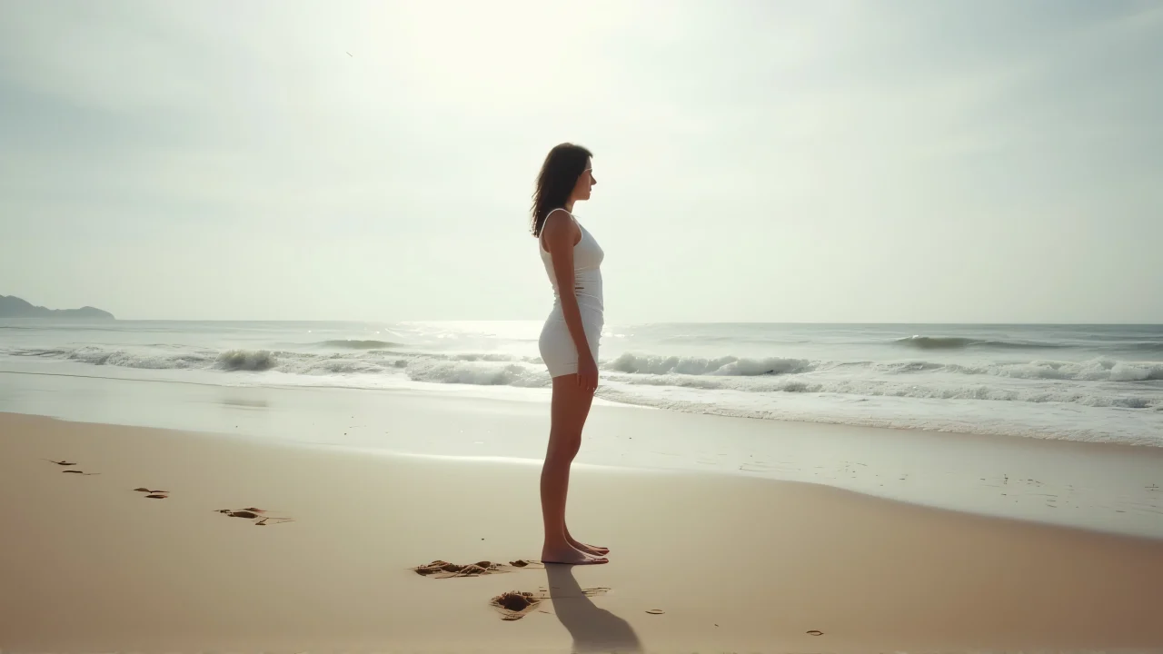 A woman stands on wet sand at the shoreline, casting a long shadow under an overcast sky.