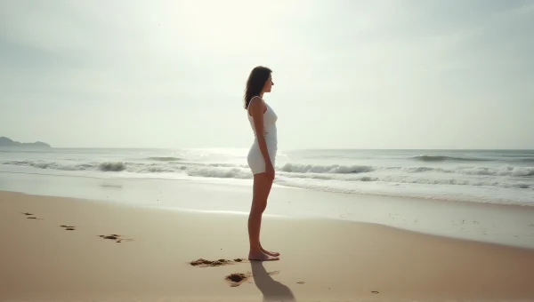 Woman Walking on Shoreline with Long Shadow