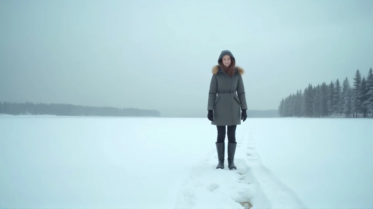 A woman stands on a snow-covered ground with breath visible and footprints behind her.