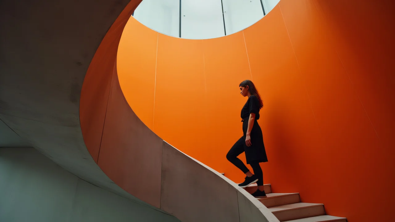 A woman mid-step on a gray and orange spiral staircase, softly lit from the side.