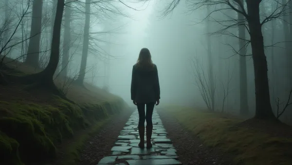 Woman Walking Trail in Misty Woodland Setting