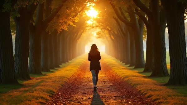 Woman Walking Under Tall Trees Pathway