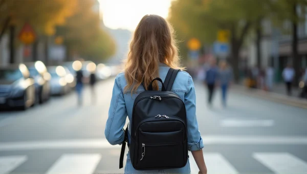 Woman Walking Urban Crosswalk With Backpack