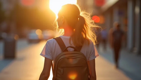 Woman Walking Urban Sidewalk With Backpack