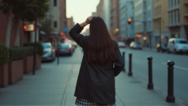 Woman Walking Urban Sidewalk Dusk Motion Blur