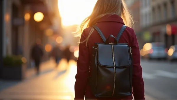 Woman Walking Urban Sidewalk Maroon Jacket Backpack