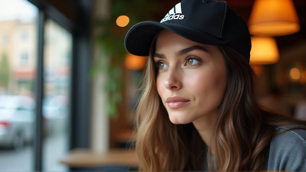A woman in an Adidas cap poses in a café with natural light.