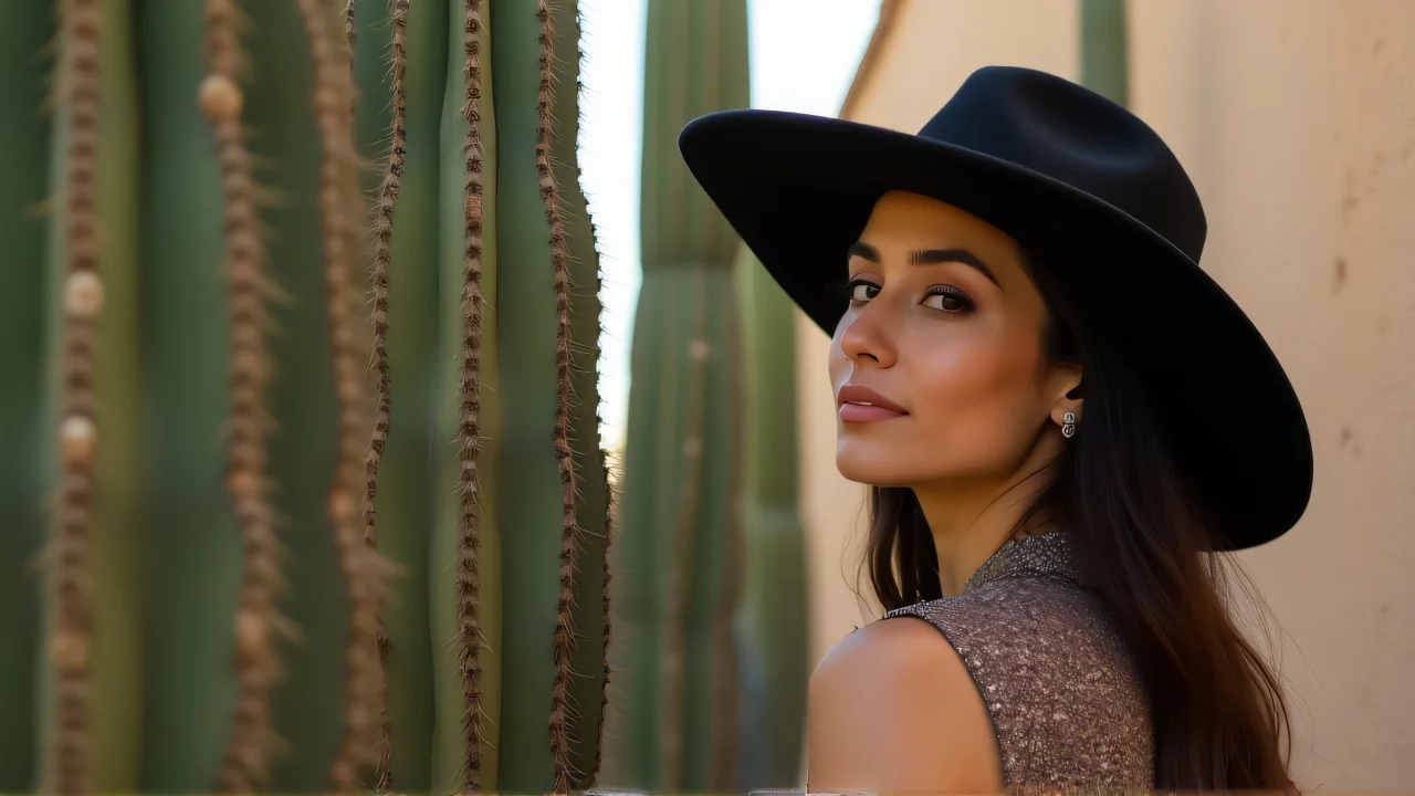 A woman in a black hat stands next to a tall cactus in a desert setting.
