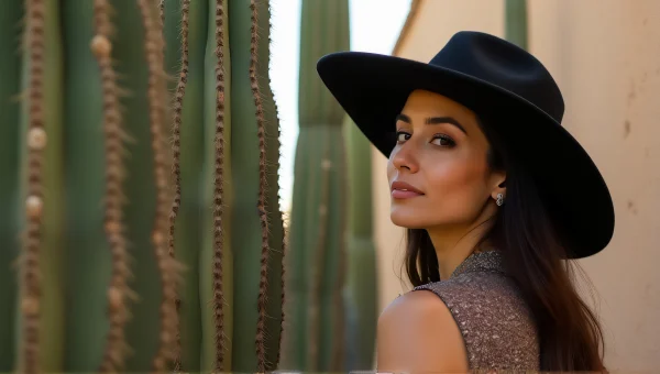 Woman Wearing Black Hat Beside Tall Cactus