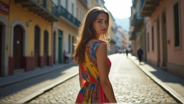 Woman Wearing Colorful Dress on Cobblestone Street