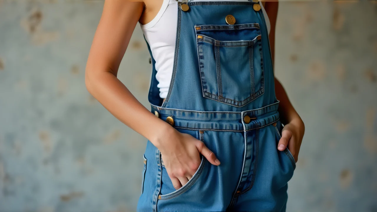 Close-up of a woman in denim overalls with hands in pockets, relaxed and casual.