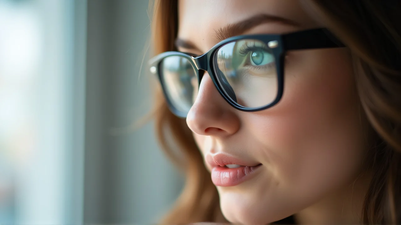 Close-up of a woman in glasses with sharp focus on her eyes.
