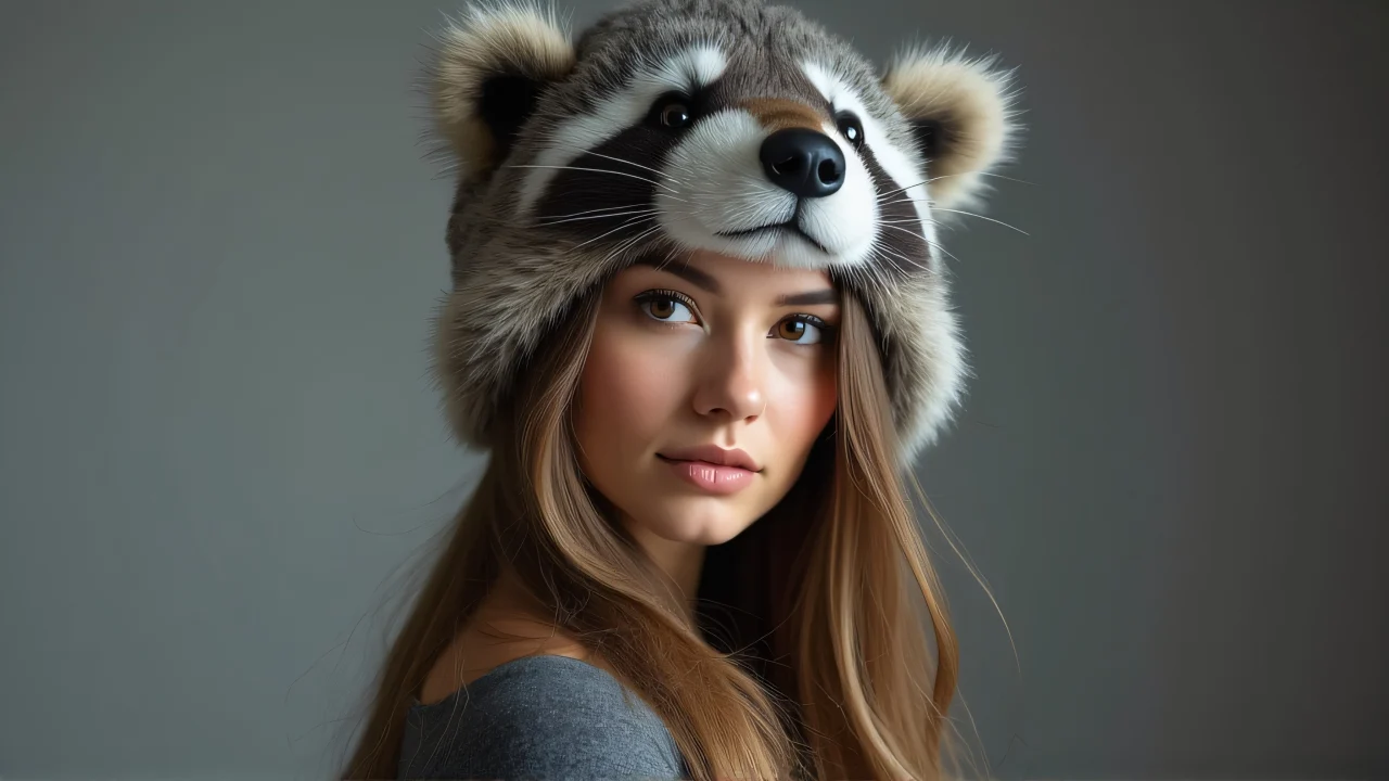 Portrait of a woman in a grey raccoon hat, providing a natural and stylish look.