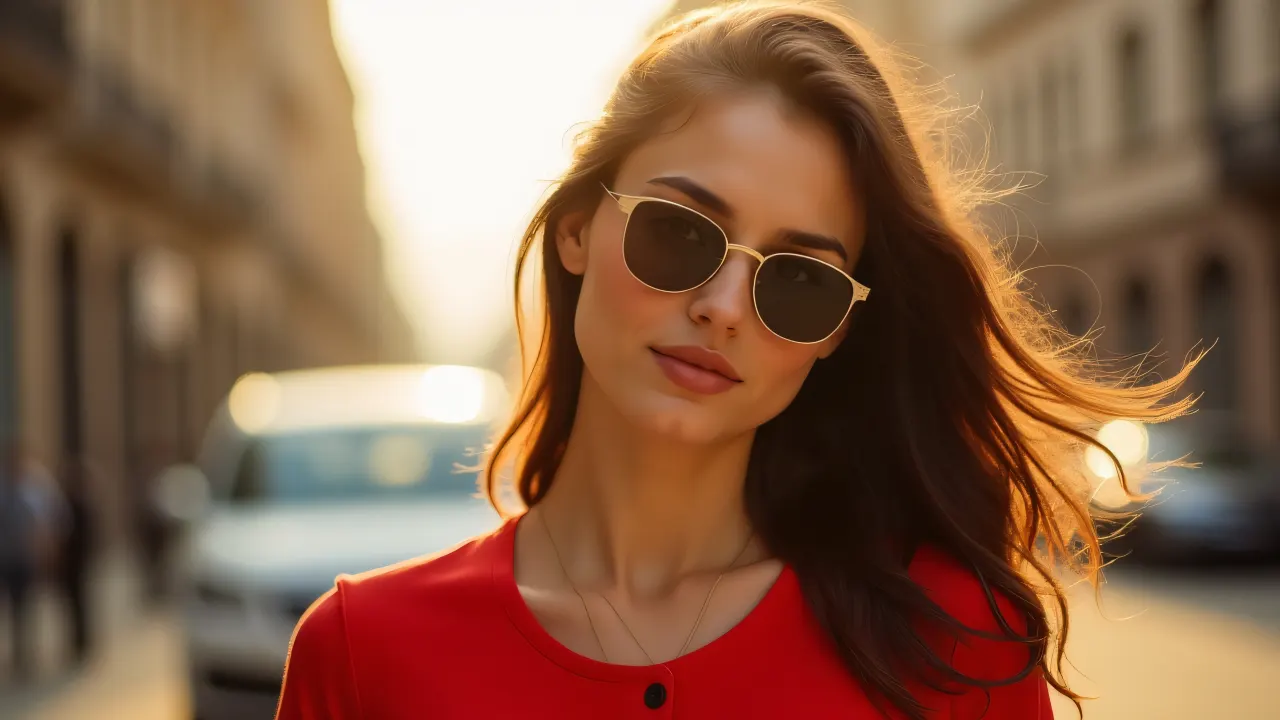 A woman in a red top and sunglasses poses in an urban environment with soft bokeh.