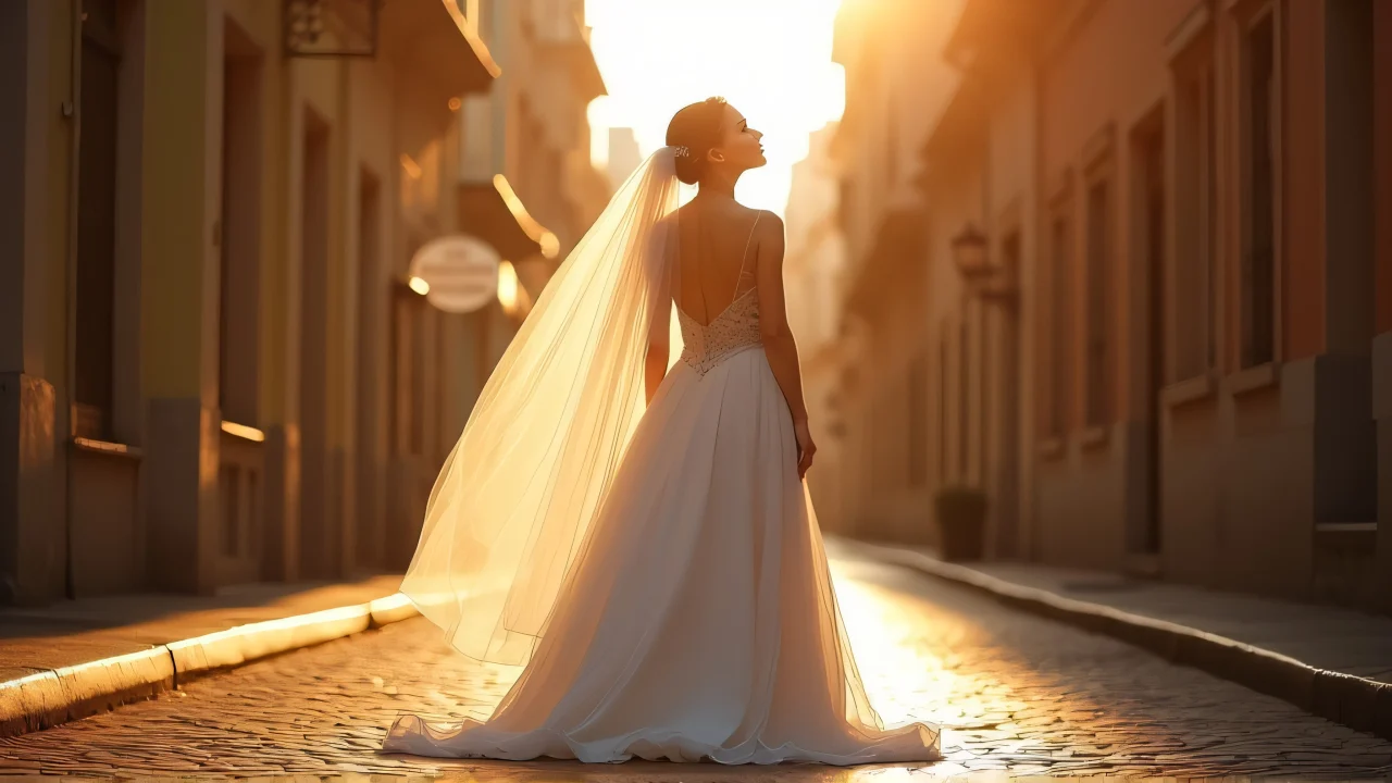A woman in a wedding dress stands on a cobblestone street during golden hour with her veil gently lifted by the wind.