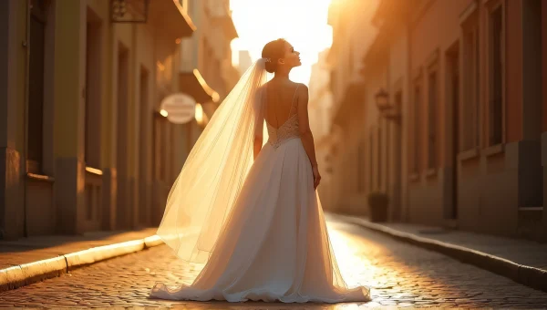 Woman Wedding Dress Cobblestone Street Golden Hour
