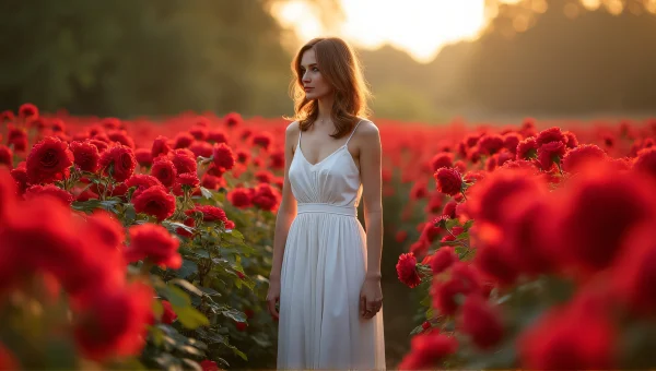 Woman In White Dress Among Red Roses