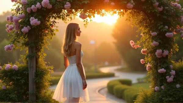 Woman in White Dress Beside Floral Arbor