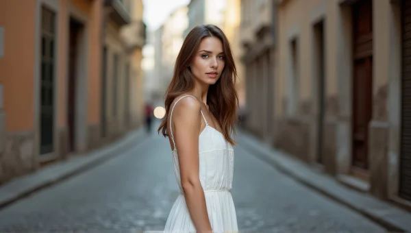 Woman in White Dress on Cobblestone Street
