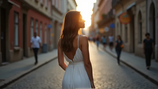 Woman in White Dress on Cobblestone Street at Dusk