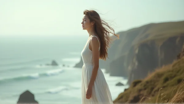 Woman in White Dress on Windswept Cliff Edge