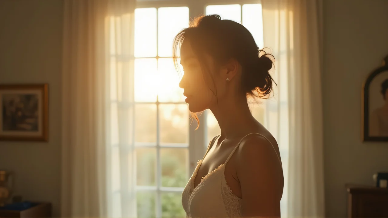 A woman in a white lace-strap dress stands near a sunlit window.