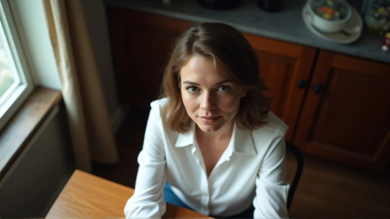 A woman wearing a white shirt sits at a wooden table with soft window light illuminating her.