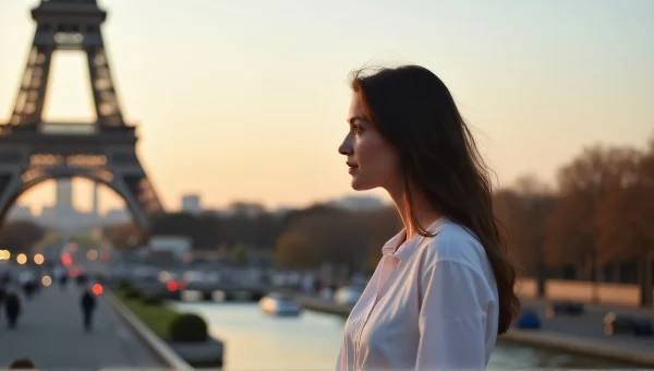 Woman in White Shirt by Eiffel Tower at Sunset