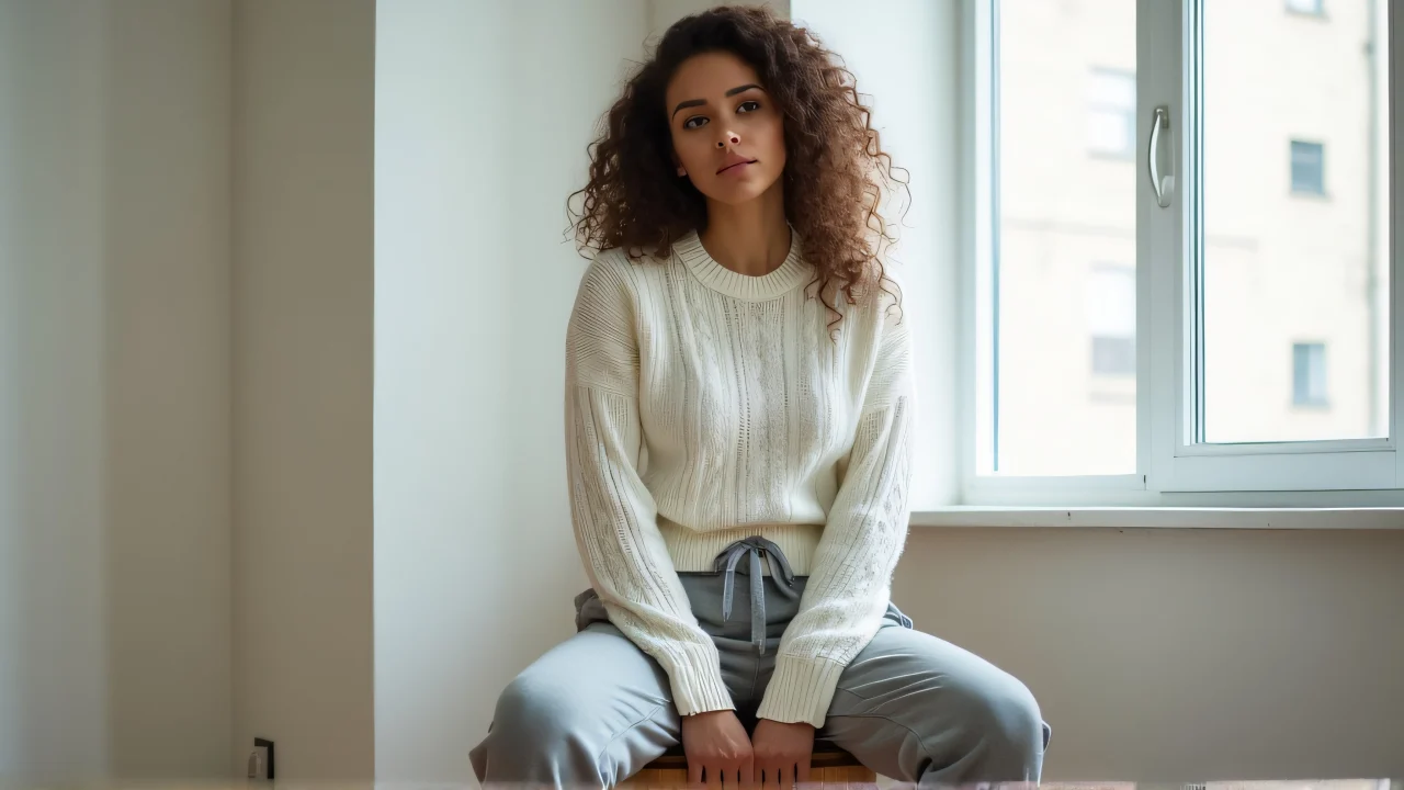 A woman seated in a white cable-knit sweater and grey trackpants, illuminated by soft window light.