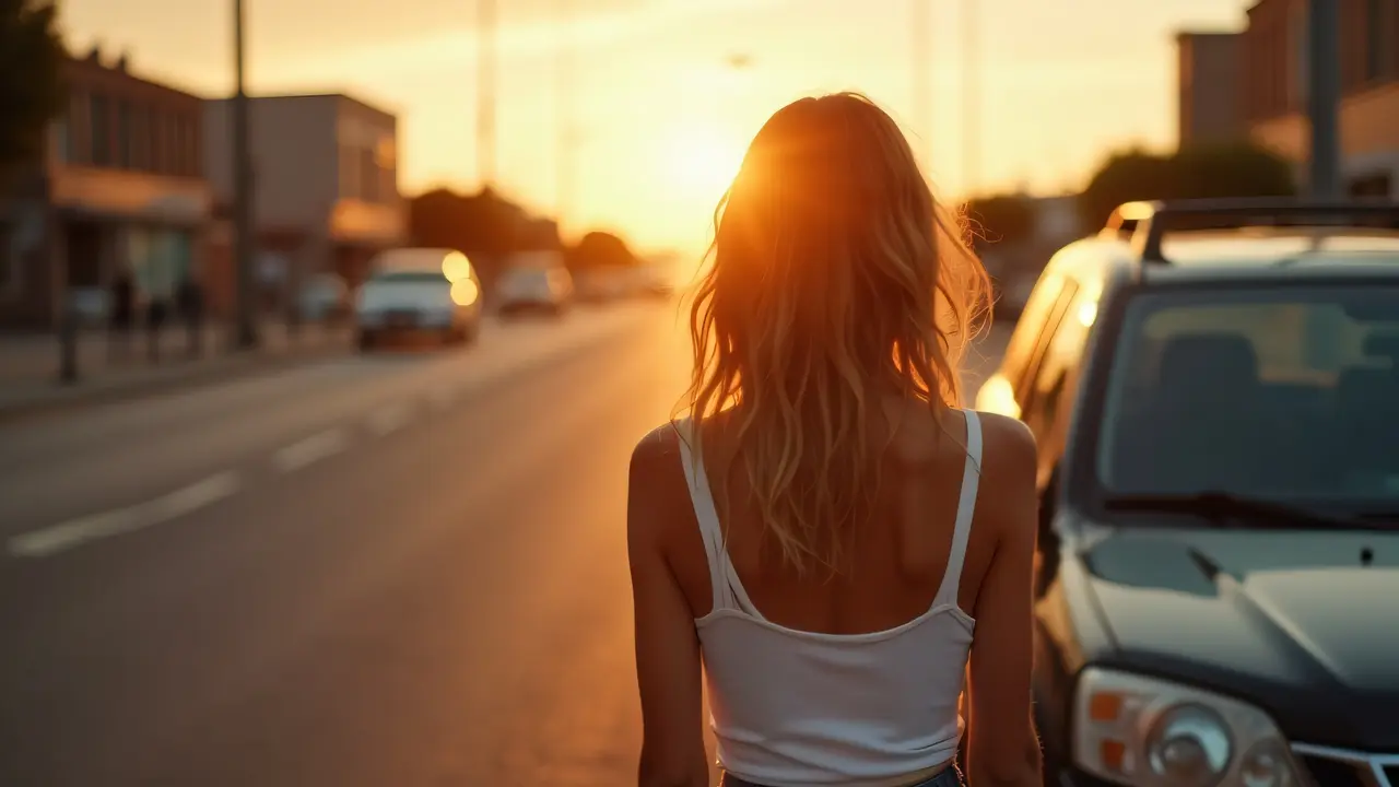 A woman in a white tank top stands beside a parked SUV during golden hour on an urban roadside.
