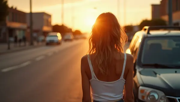 Woman In White Tank Top By Parked SUV At Sunset